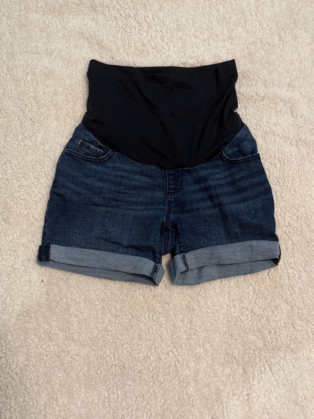 High-Waist Maternity Denim Shorts with Black Support Panel